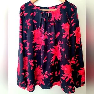 NWOT Talbots Women's Long-Sleeve Blouse, Black Red Floral Print, Size L